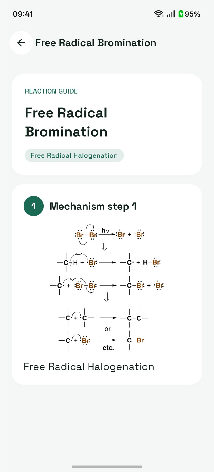 Free radical bromination mechanism drawn with curved arrows and fishhook half-arrows