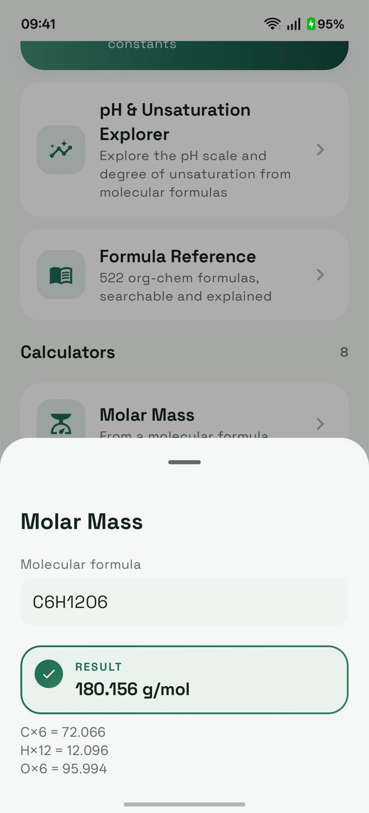 Molar mass calculator showing 180.156 g per mol for C6H12O6 with the element breakdown