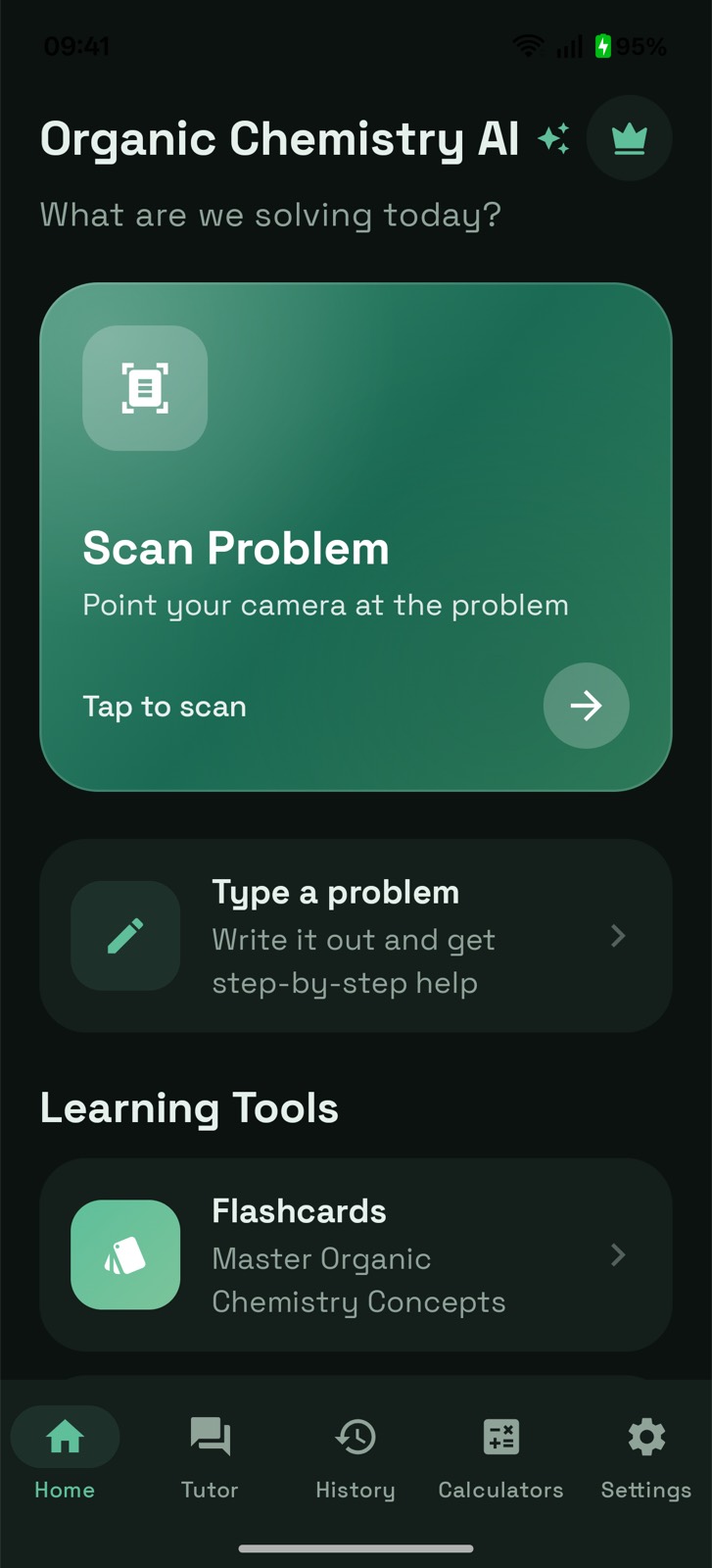 Organic chemistry AI solver home screen in dark mode