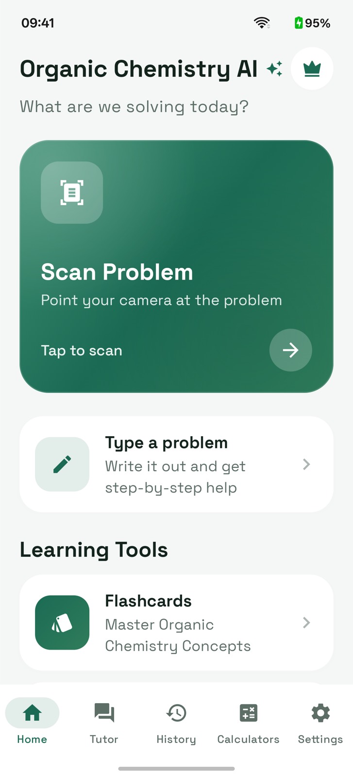 Organic Chemistry AI home screen with the scan problem card and type a problem option