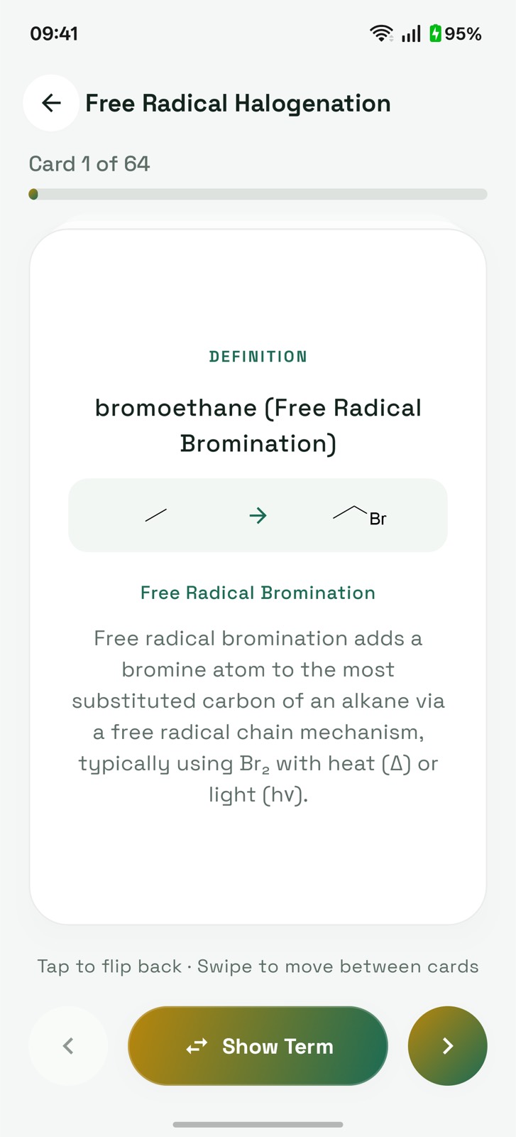 Organic chemistry flashcard showing a reaction definition with its scheme drawn on the back