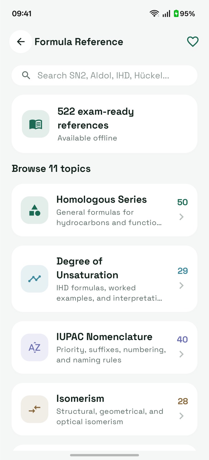 Organic chemistry formula reference showing searchable topics including stereochemistry and nomenclature