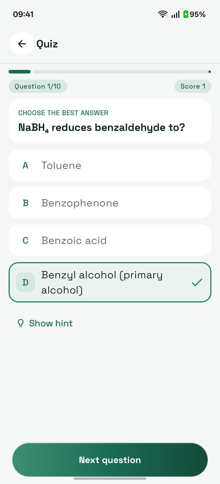 Product prediction quiz question answered correctly with instant feedback and a running score