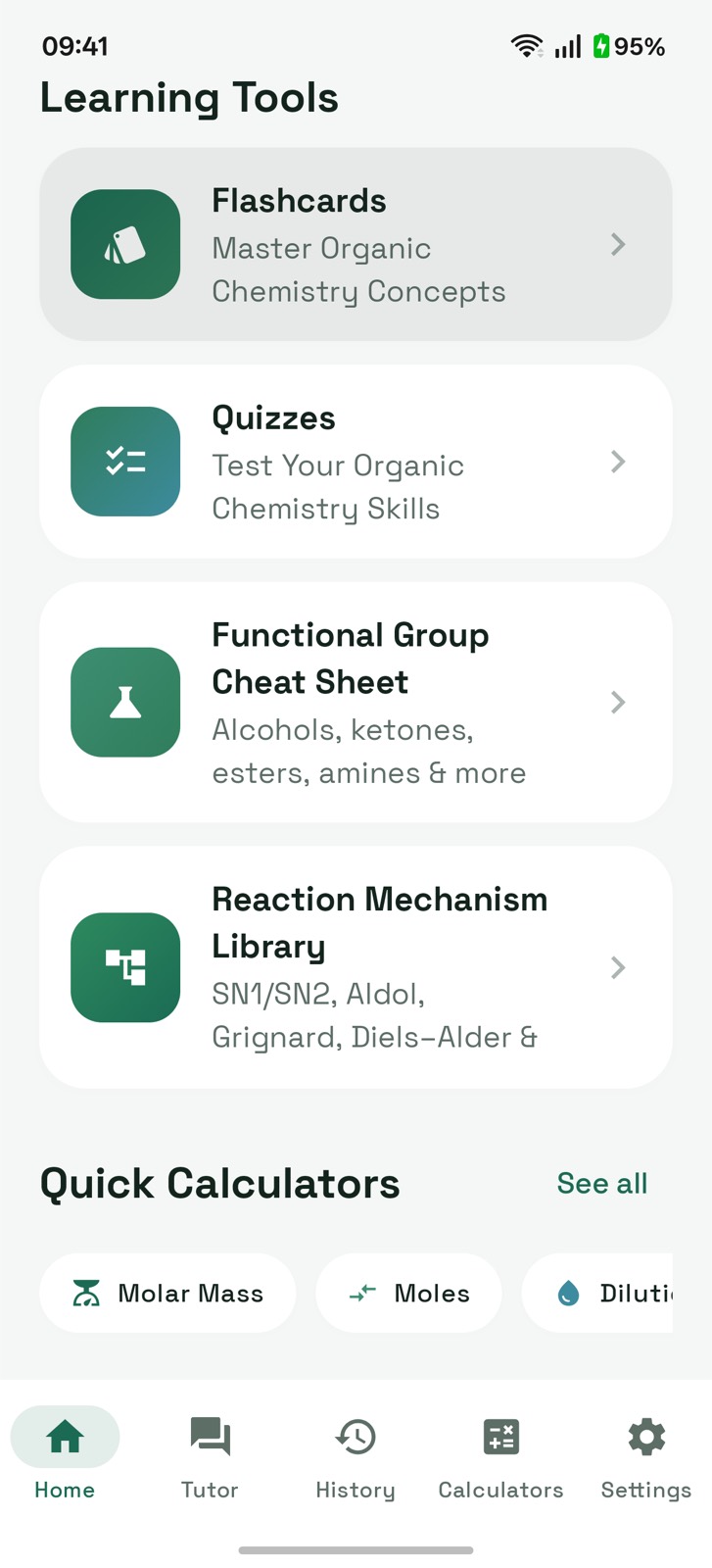 Learning tools list showing flashcards, quizzes, functional group cheat sheet and reaction mechanism library