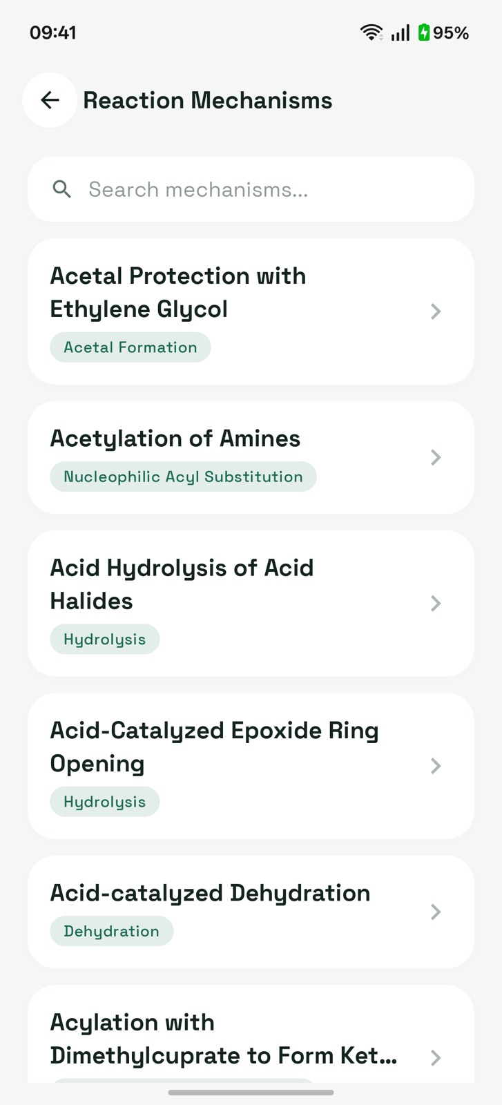 Searchable organic reaction mechanism library listing named reactions with their reaction types