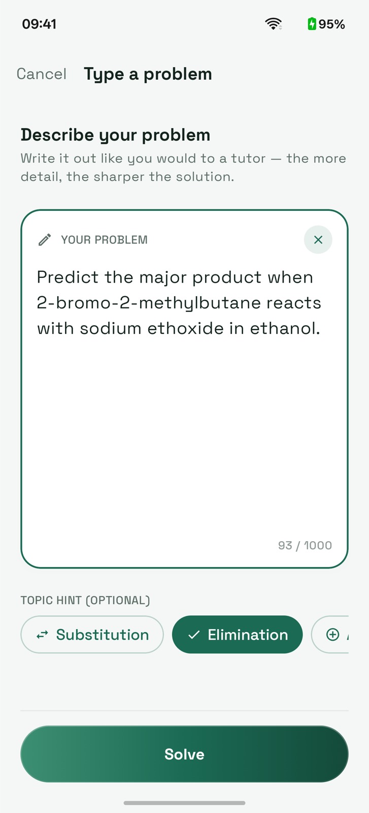 Typing a substitution and elimination problem with the Elimination topic hint selected